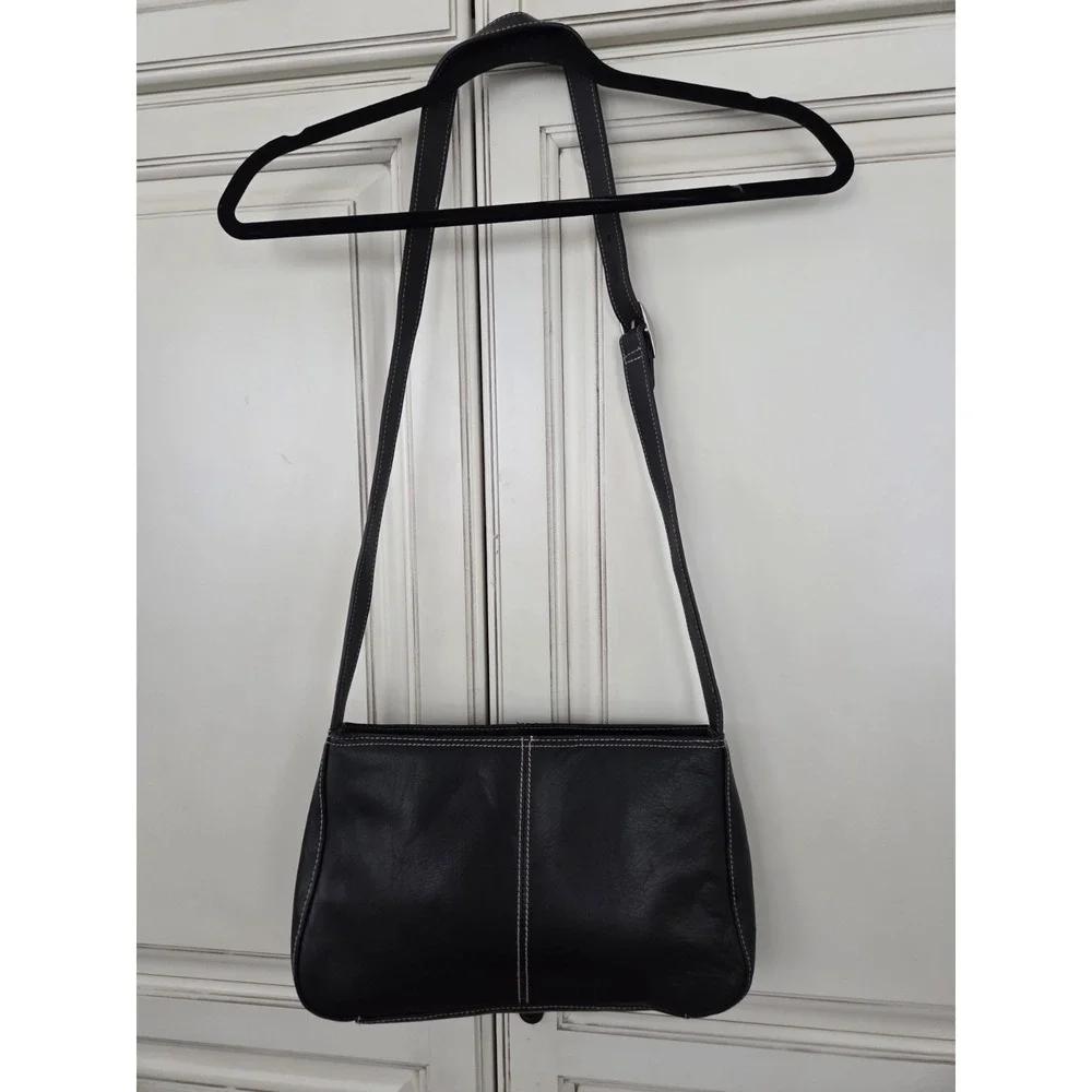 Vtg Preston & York Leather Crossbody Shoulder Purse Adjustable Blk Stitch Trim‎